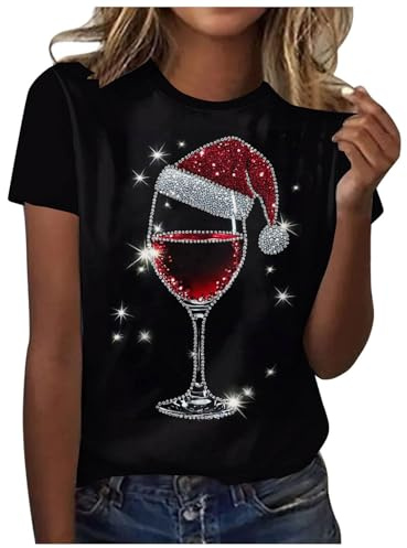 Womens Christmas T Shirts Short Sleeve Tops UK Cute Tees Crewneck Plus Size Casual Dressy Blouses Funny Graphic Tee Shirt Casual Xmas Blouse Party Costume (XL)