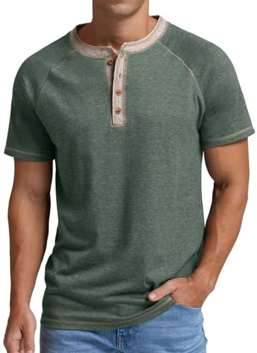 PrinStory Mens Henley T Shirts Cotton Short Sleeve Mens Tops Casual Summer Grandad T-Shirt