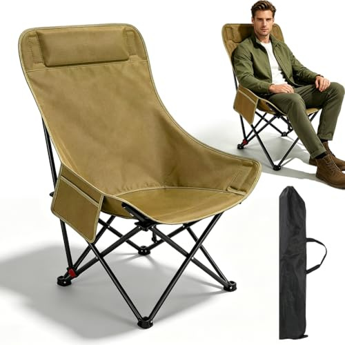 Campingstol, hög rygg, vikbar 150 kg, fällstol, camping lätt med sidofickor, bärbart ryggstöd, campingstol, fiskestol, vikstol, strandstol för utomhusbruk, vandring, trädgård, picknick (kaki)