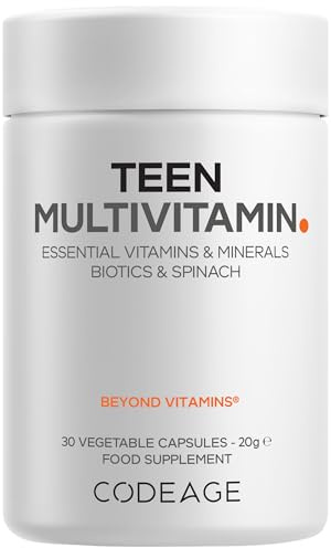 Codeage Teen Multivitamin, Boys & Girls, D3, Zinc, biotics, 30 Capsules | Teen multivitamin boys and girls age 13+, vitamins A, C, D3, B6, B12, Folate, zinc, magnesium, iron, biotic blend. Non-GMO