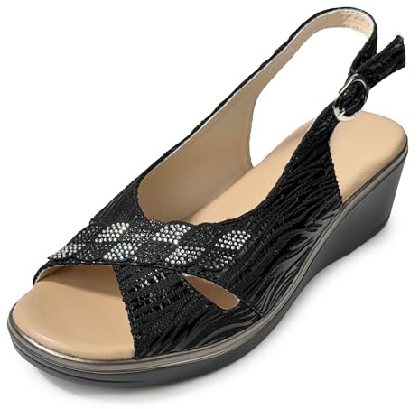 JOMIX Sandali Donna Estivi Comodi Signora Zeppa Bassa 5 cm Estate Con Strass Fibbia Regolabile Punta Aperta Peep Toe Suola Antiscivolo Sandali Eleganti Per Anziani Passeggio Cerimonia Nero 36