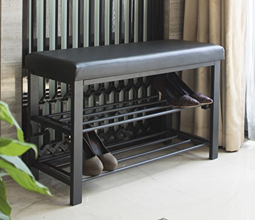 Finnhomy Shoe Rack for Entryway, with Padded Seat, Shoe Bench for Entryway, 2 Shelves, Storage Bench with Faux Leather Top, Bed Bench, Black