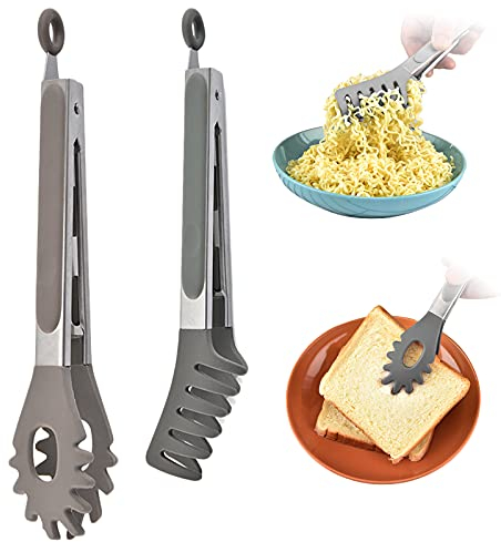 Bncxdc Pinze per pasta, pinze da cucina con bloccaggio, set di pinze per barbecue da 2 pezzi, cucchiaio per spaghetti in acciaio inossidabile resistente al calore, cucchiaio per noodle (grigio)