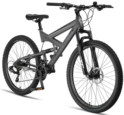 Licorne Bike Strong 2D Premium Mountainbike in 26, 27.5 und 29 Zoll Fahrrad für Jungen Mädchen Damen und Herren Scheibenbremse vorne und hinten 21 Gang Schaltung Vollfederung (27.5 Zoll, Anthrazit)