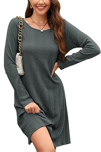 STYLEWORD Robe Pull Femme Manches Longues Col Rond T Shirt Robes Robe Tricotée Côtelée Robe Tunique Couleur Unie Décontractée(Gris foncé,L)