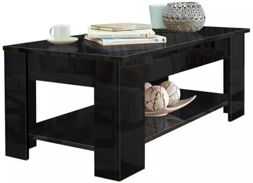 High Gloss Coffee Table with Storage, Lift Top Coffee Table for Living Room, Wooden Coffee Table with Storage Shelf Rectangular Lift-Up Sofa End Tea Tables Furniture Black, 120 x 60 x(49.5-62.5) H cm