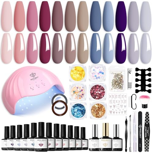 modelones Lot de 12 vernis à ongles UV, rose, gris nude, kit de démarrage avec lampe UV pour ongles en gel, 48 W, base top coat, kit de manucure, kit de manucure