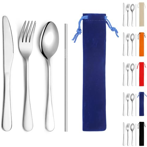 Kyraton Campingbesteck, inklusive Messer, Gabel, Löffel, Stroh, für Outdoor, Picknick, Camping, Reisen, spülmaschinenfest, Satz mit 4 Stücken