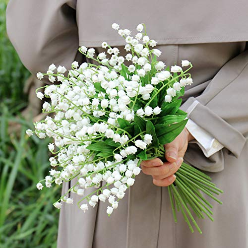 RXMORI 24 St Konstgjorda Liljekonvaljblommor, Naturtrogna Klockblommorbukett med Löv, Falska Vita Blomsimuleringsväxter för Bröllopsdekoration(#3)
