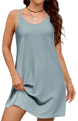 Zeagoo Sommarklänning damklänningar elegant strandklänning ärmlös fritidsklänning knälång en linje rund hals miniklänning spagettiklänning axelbandsklänning casual enfärgad S–XXL, Grön, XL