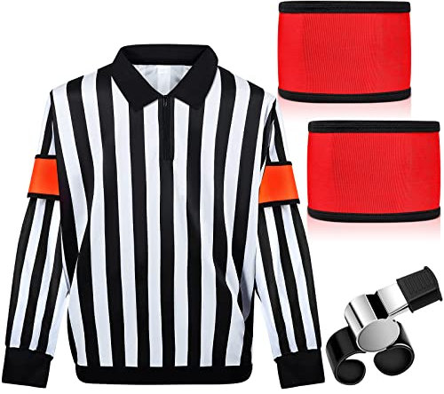 Hicarer Ice Hockey Long Sleeve Striped Referee Shirt Men's Official Referee Costume Orange Red Armbands Finger Grip Whistle(M)