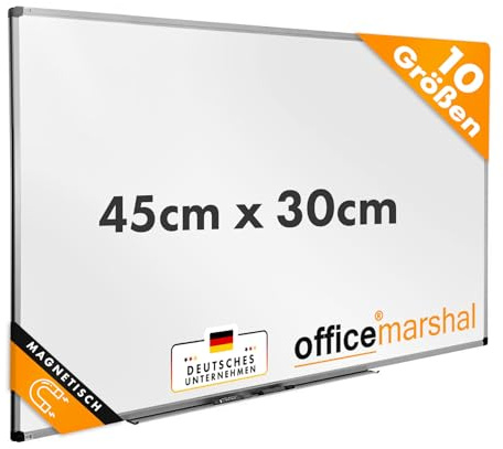 OfficeMarshal Magnetisk whiteboard 45 x 30 cm med aluminiumram och avtagbar pennhållare för kontor, hem och skola – magnettavla, reptålig och avtorkbar, magnetisk tavla
