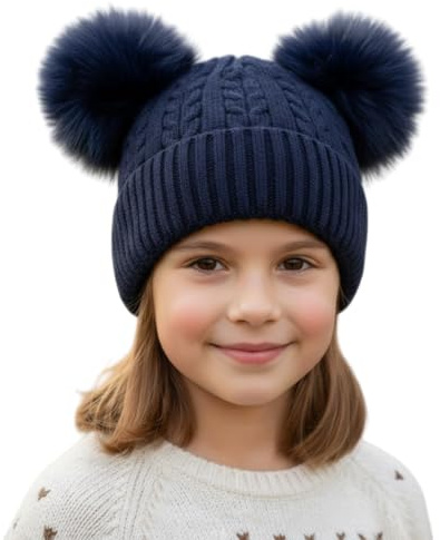 Party HuB Kids Girls Double Pom Pom Hat Warm Chunky Knit Beanie with Fleece Lining, Cute Fluffy Pompoms, Soft Winter Woolly Cap Navy