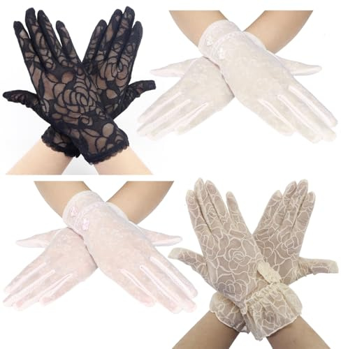 Coolwife Lace Gloves 4 Pairs Women Floral Ladies Bridal Tea Party Vintage Cosplay Fancy Dress Wedding Gloves (Black Beige Beige Pink)