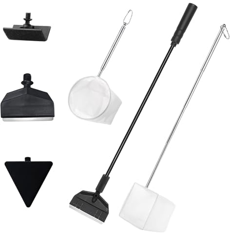Aquarium Glass Scraper Set, 6 PCS Fish Tank Extendable Cleaning Kit with 14” Detachable Rod Algae, Algae Scraper, Specialized Blade, Triangle Flat Brush & 90 ° Right Angle Brush, Small Fish Nets