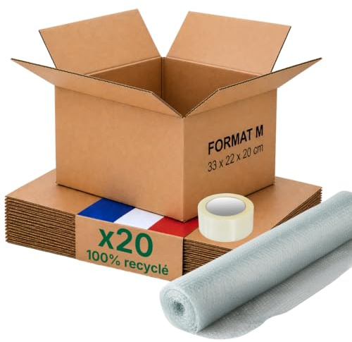Caisse carton emballage colis M - Lot de 20 + film à bulles + adhésif - 31 x 22 x 20 cm - Renforcé - documents A4, vêtements, e-commerce - Life Pack
