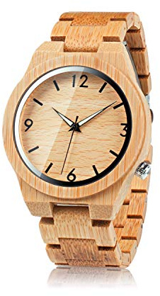 BOBO BIRD D27 Men's Bamboo Wooden Watch Numeral Scale Large Face Quartz Watch Lightweight Casual Sports Watches with Luminous Night Silver Pointer Gift Box