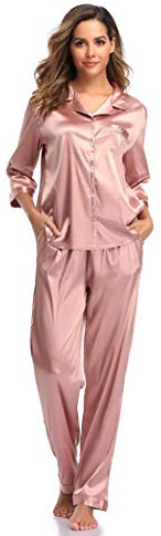 SHEKINI Elegante Pijama de Seda para Mujer Pijama de Dos Piezas con Solapas Pijamas Pantalones de Manga Larga Pantalones con Botones Superiores con Cordón Cómodo Pijama Tipo Camiseta