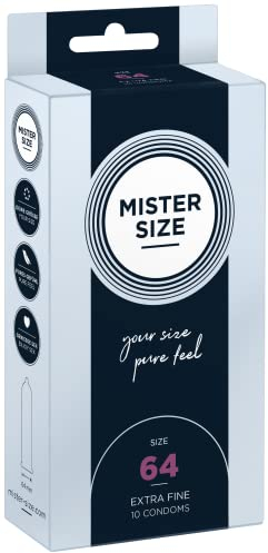 MISTER SIZE – Pure Feel Profilattici Lubrificanti (Extra Sottili, Extra Lubrificati) / Taglia Individuale 64 mm a un Pacco da 10 - Preservativi Sottili 100% Lattice Naturale