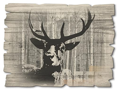 ARTland Wanddeko Bild aus Holz Holzbild vintage Deko 40x30 cm Querformat Natur Wald Tiere Hirsch Geweih Bäume T4VT