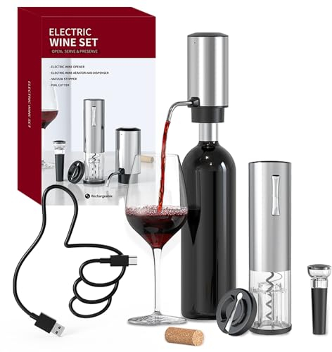 CIRCLE JOY Apribottiglie Elettrico Set Vino 4 in 1 con Cavatappi Ricaricabile, Versatore & Aeratore Vino Ricaricabile, Tagliacapsule e Tappo Vino Sottovuoto, Set Regalo per Amanti del Vino, Argento