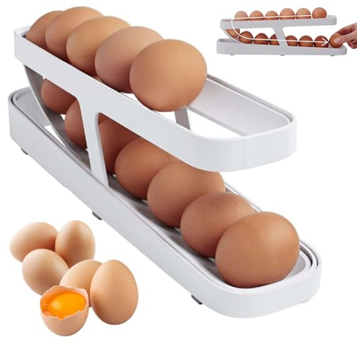 Boutihao Refrigerator Rolling Egg Holder, Portauova A Scorrimento Automatico Scatola Di Stoccaggio, Doppio Strato Di Grande Capacità Portauova Frigorifero, Per Uova Per 12-14 Uova (2 Strati)