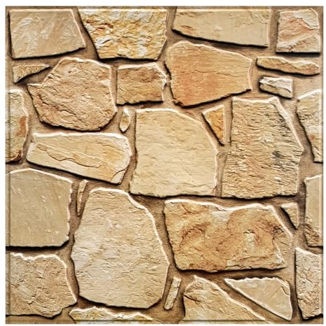 Commomy 10 Sheets Fieldstone 3D Self Adhesive Wall Tiles Peel and Stick Tiles 11.8x11.8 Ultralight PVC Brown Faux Stone Textured Wall Panels for Interior Bedroom,Living Room,Kitchen,RV