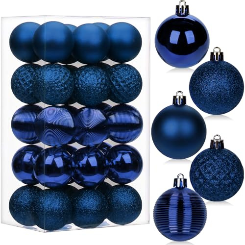 30 pcs Christmas Baubles Xmas Ball Ornaments with Strings, 50mm/2.0 Dark Blue Shatterproof Plastic Hanging Decorations, Christmas Tree Pendants for Home Party Wedding Holiday