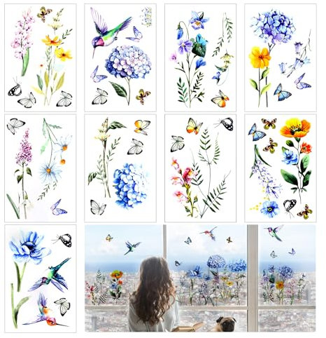 9 stycken elektrostatisk fönsterfilm blommor fjärilar, gör-det-själv återanvändbara fönsterbilder självhäftande, antikollisioner fönsterbilder sommar, fönsterklistermärken för dörrar, kylskåp