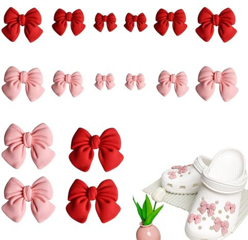 HAOXYO 16 Stück Schuh Charms mit Schleifen,Süße Schuhanstecker für Shoes,Schuhanhänger für Frauen,DIY Anhänger mit Knöpfen für Mädchen Clogs Sandalen Dekoration (Rosa und Rot)