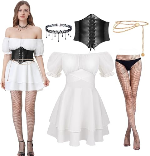 Joellfuner Robe Médiévale pour Femmes, Robe Blanche Pirate pour Femme, Épaules Dénudées Rétro Renaissance Deguisement avec Ceinture Corset, Chaîne de Taille et Bas de Soie (Manches courtes, S)