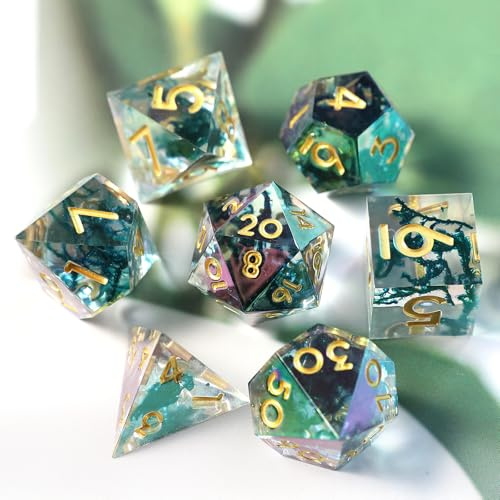Elifel Handgjorda DND-tärningar med skimrande beläggning 7 delar, vass kant D & D tärningsset harts för rollspel fängelsehålor och drakar med presentförpackning
