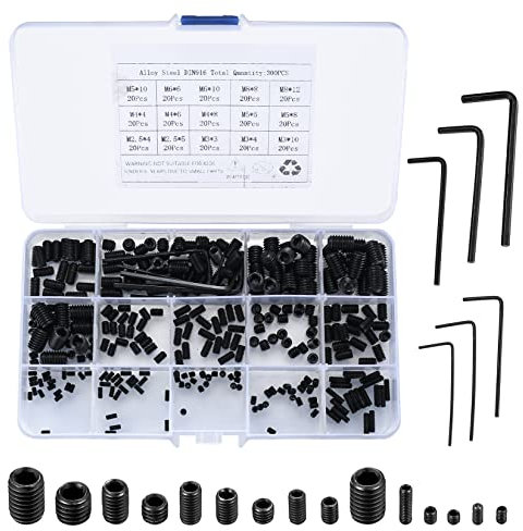 Lot de 300 vis sans tête Allen M2.5 M3 M4 M5 M6 M8 Vis à tête hexagonale avec clés Allen pour poignée de porte, poignée de porte, support (noir)