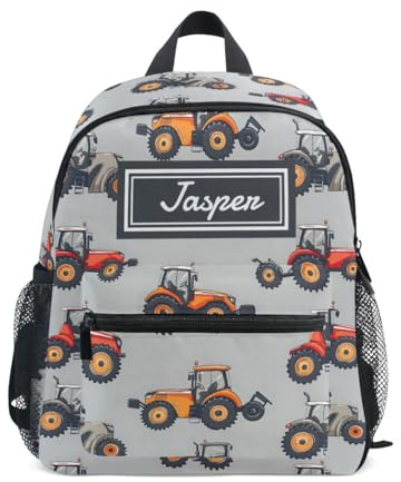 CHIFIGNO Sac à dos personnalisé pour la rentrée scolaire, mini sacs à dos personnalisés pour livres de voyage pour filles et garçons, jolis tracteurs de dessins animés, gris, moyen, Jolis tracteurs de