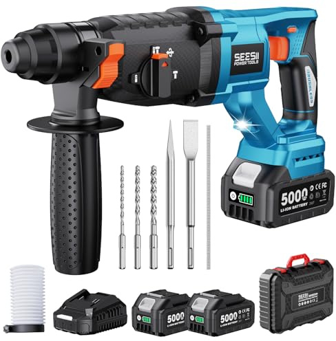 Seesii 3.2J Martillo Perforador a Batería: 850W Potente, 2 Baterías 5000mAh, Taladro Percutor a Bateria 3 en 1 (Taladro/Perforador/Cincel), Kit Completo con Maletín SDS-Plus