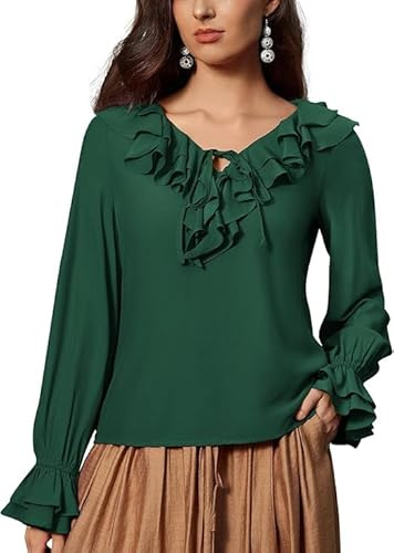 SCARLET Dark dam medeltida blus lång puffärmar topp V-hals snörning volangblus, Mörkgrön, L