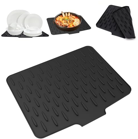 Silikon Abtropfmatte Geschirr Abtropfmatte Spüle Groß und Klein, Hitzebeständige Rutschfeste Küche Spülmatte Abtropfschale für Spüle (40 x 32.5 cm, Schwarz)