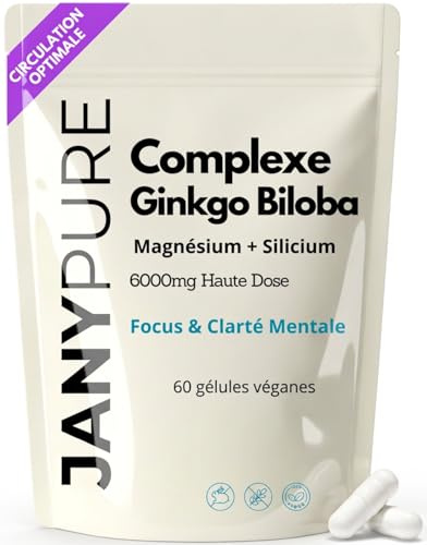 Ginkgo Biloba Extra Fort 6000 mg - 60 Gélules Végétales - Soutien Mémoire, Concentration et Fonction Cognitive - Extrait Standardisé 24% Glycosides de Flavone (28,8 mg/gélule) - Sans Gluten Vegan