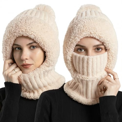 Schalmütze Damen, Balaclava Strickmütze, Multifunktional Sturmhaube, 3-in-1-Beanie Mütze Gesichtsmaske und Schal Fleecegefüttert Winddicht Mütze, Winter Thermo Kapuzenschal, Mützenschal (Cremeweiß)