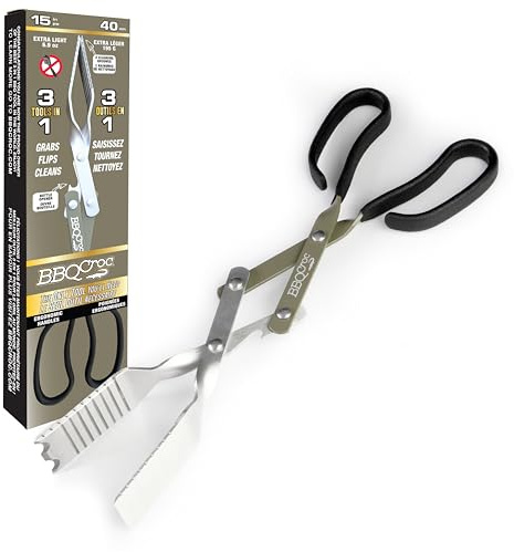 BBQ Croc 3 in 1 Barbecue Tool 15-inch - Extra Light Tongs, Spatula and Grill Scraper (Green)