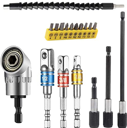 Flexible Drill Bit Extension Set, Includes 105° Right Angle Drill, Bendable Drill Extension, 3pcs 1/4 3/8 1/2 Universal Socket Adapter Set, 3pcs Drill Bit Holder, Screwdriver Bit Kit