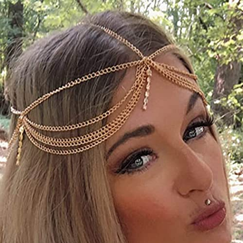 Runmi Chaîne de tête de mariée bohème dorée pour bal de fin d'année, festival, mariage, cristal accessoire de cheveux pour femmes et filles