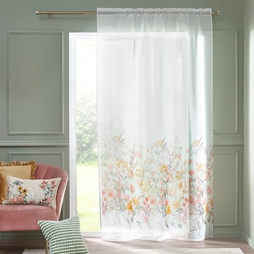 Catherine Lansfield Countryside Floral 140 x 183 cm Slot Top Voile Curtain Panel White