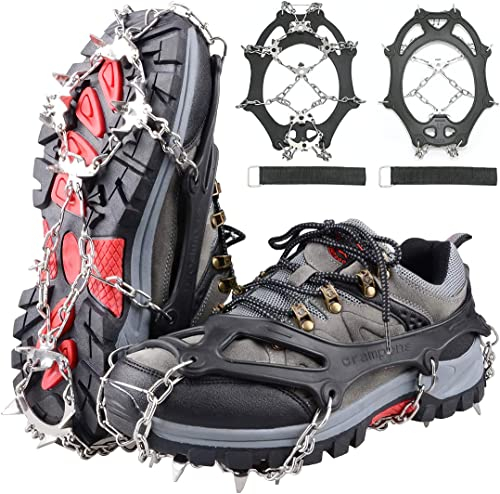 PISCORUSH 24 Zähne Steigeisen Ice Klampen Traktion Edelstahl Spikes Steigeisen Stiefel Ketten Frauen Männer Kinder für Wanderschuhe für Schuhe Winter Walking Wandern Bergsteigen (Schwarz, XL)