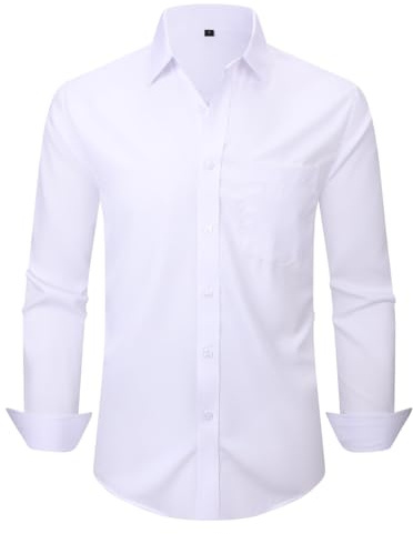 corfty Men Long Sleeve Dress Shirt - Regular Fit Stretch Free-Wrinkle Casual Button Down Shirt (White with Pockets, XX-Large)