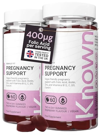 Known Pregnancy Support Gummies with 400mcg Folic Acid – Raspberry Flavour – Vegan Prenatal Multivitamin Gummy Supplement – with Vitamin D3, K, C, E, B12, Biotin & Zinc – 2 Month Supply