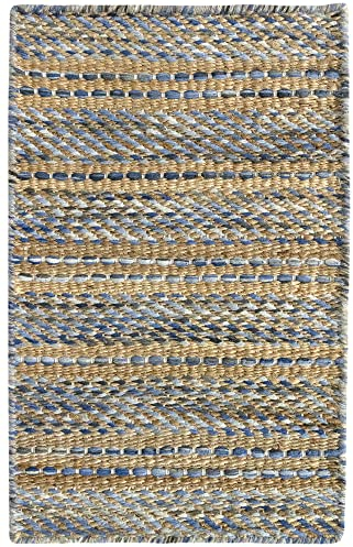 HAMID - Woll- und Jute-Teppich Olivia, Handgewebter Woll-Jute-Teppich für Wohnzimmer, Schlafzimmer, Blau Geädert, (40 x 60 cm)