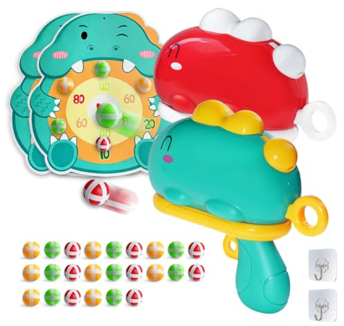 Doloowee Dinosaurie skjutspel leksak, klibbig boll launcher med darttavla | Skjutleksak för barn med 24 klibbiga bollar och 2 darttavlor, barnleksaksvapen för inomhus utomhus, present till pojkar