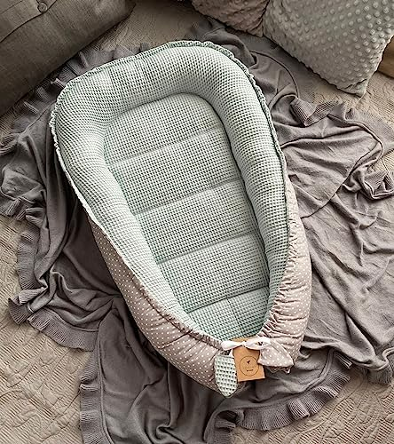 Waffelpique MINZE Grün/Mini PUNKTE Grau Baumwolle Babynest Neugeborene Baby Unterlage Reisebett Nestchen SOLO/o. PREMIUM Ausstattung SETS (Nestchen SOLO)