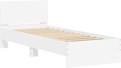 vidaXL Single Bed Frame with LED Lights and Headboard - White Engineered Wood Bed Base, 90x190 cm, USB Connector